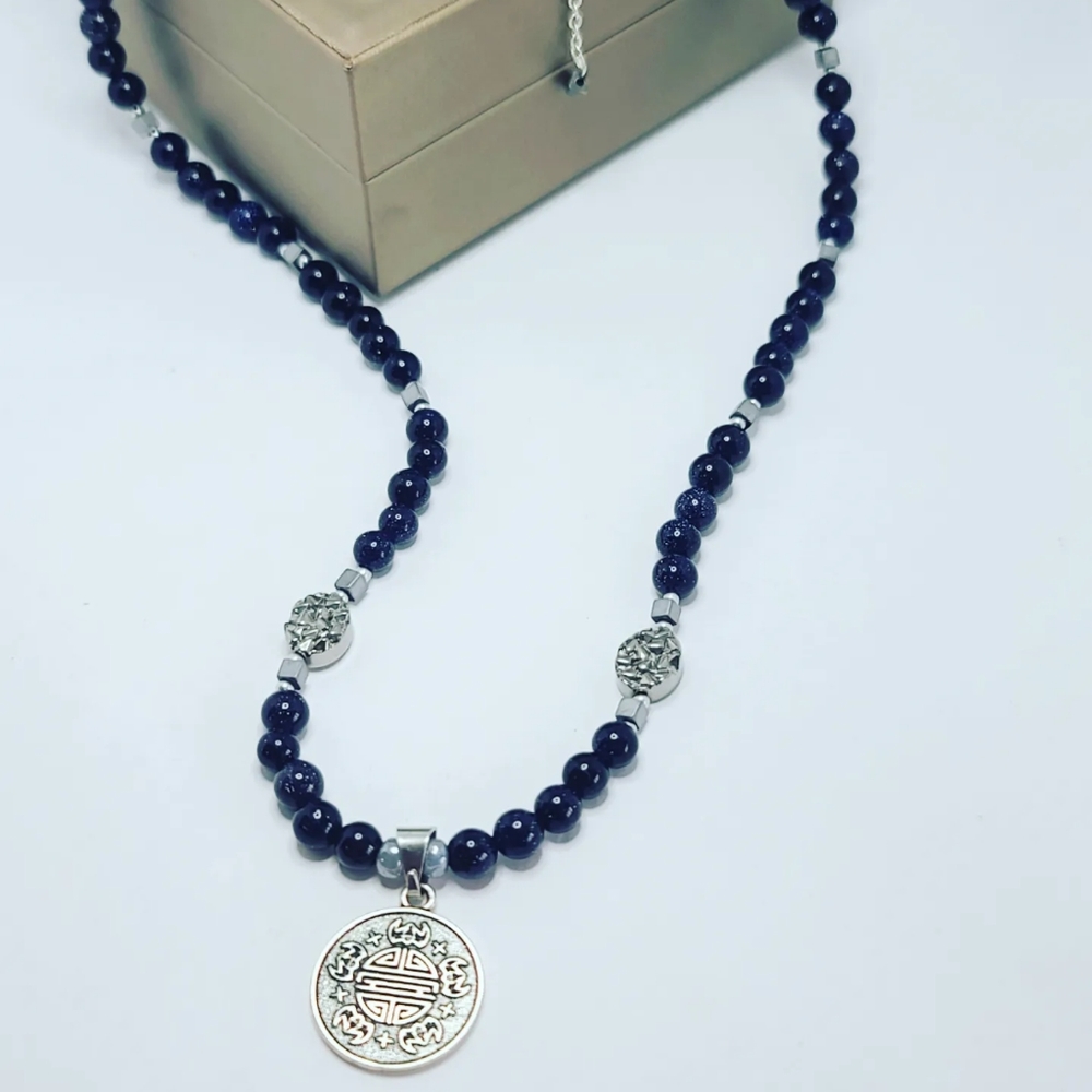 Blue Goldstone, Hematite 5 Blessings Amulet Unisex necklace
